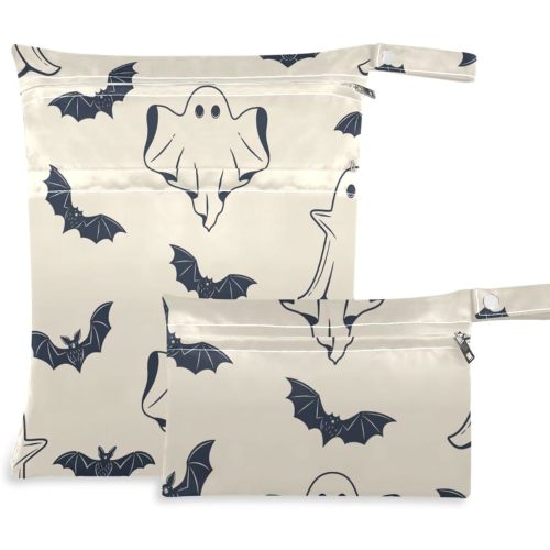 Burbuja Halloween Spooky Wet Dry Bags for Baby Cloth Diaper 2 Pack, Waterproof Reusable Wet Bag with 2 Zippered Pockets for Travel Swimsuit Gym Clothes Toiletries Stroller