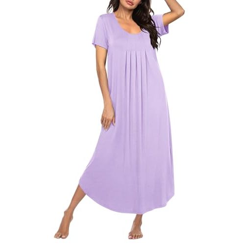 Ekouaer Long Nightgowns for Women House Dress Plus Size Sleepwear Pleated Full Length Loungwear S-4XL