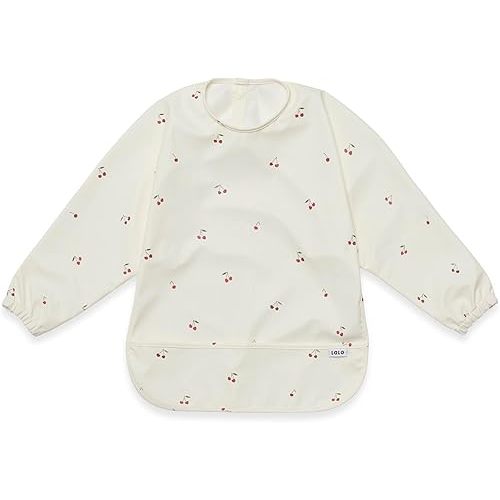 Lalo Smock Bib - Long Sleeve Baby Bib, Elastic Cuffs for Comfort, Large Catch-All Pocket, Waterproof Recycled Polyester - Durable Baby Smock Bib for Mealtime & Playtime - Ages 6-24 Mo. - Cherry