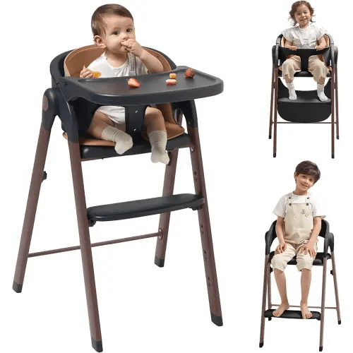 High Chair for Babies and Toddlers Adjustable Foldable Convertible 5 Point Harness Easy Clean Wood-Printed Metal with Removable Tray Baby Highchair for Family (Black&Walnut Wood-Printed Metal)
