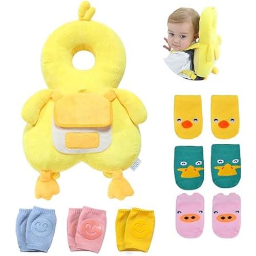 Umtiti Baby Safety Cushion for Walking & Crawling, Toddlers Adjustable Backpack with Knee Pads & Anti-Slip Socks,Cute Duck+6(CA)