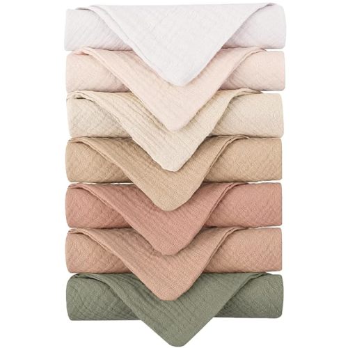 Konssy Baby Muslin Washcloths 7 Pack -100% Cotton Baby Bath Towels, Soft Baby Wash Cloths and Absorbent Burp Cloths for Newborn Kids Girls and Boys, 11x11 inches - Pastel