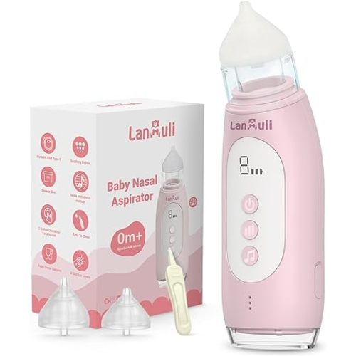 Hospital-Grade Nasal Aspirator for Baby, Automatic Toddler Nose Sucker, Infant Snot Cleaner with Adjustable Suction Level, Music and Light Soothing Function (Pink)