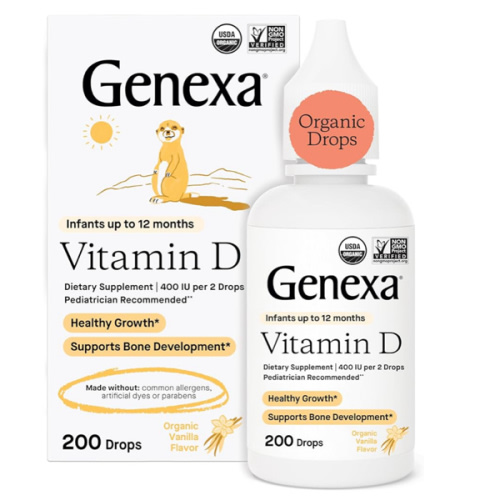 Genexa Infants Vitamin D Liquid Drops for Newborn, Baby & Toddler | Supports Growth & Bone Development | Delicious Organic Vanilla Flavor | Certified Organic, Gluten Free, & Non-GMO | 90 Servings