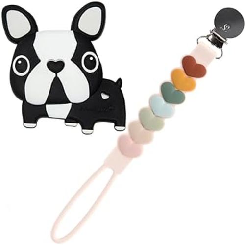 Loulou Lollipop Silicone Teether and Holder Clip Bundle Set - Boston Terrier/Sweetheart Multi