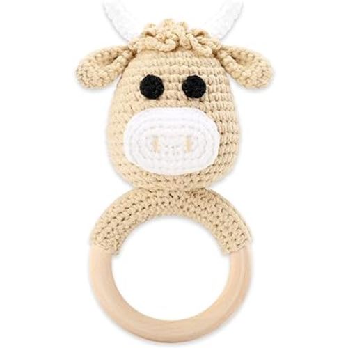 Gicoherero Baby Rattles Crochet Highland Cow Lovey Newborn Toy Wooden Rattles Infant Sensory Handmade Knit Stuff Farm Animal for Doll Baby Shower Gift Idea New Mom Baby Girl 0-12 Months