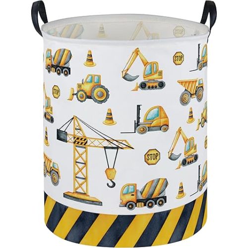 ESSME Kids Laundry Basket,Car Hamper Collapsible Canvas Waterproof Storage Bin for Boys, Nursery Hamper,Gift Baskets,toy bins(Engineering vehicle)
