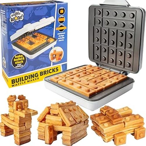 Building Brick Electric Waffle Maker- Cook Fun Buildable Waffles, Pancakes in Minutes- Build Gingerbread Houses, Cars & More Out of Stackable Waffles- Bite Sized for Kids, Nonstick Iron- Fun Xmas Gift