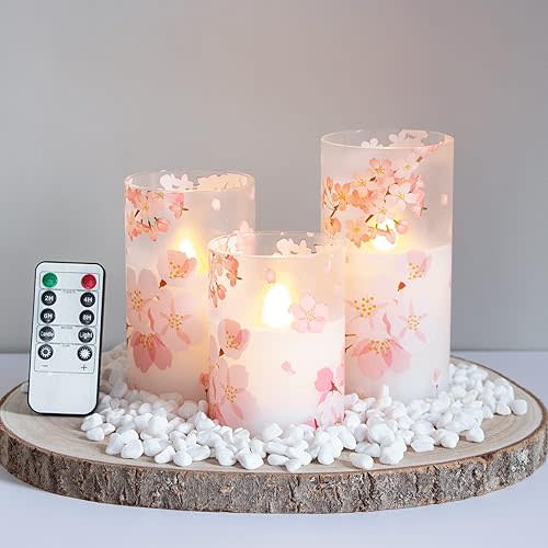 Flameless Flickering Glass Candles with Remote and Timer,Cherry Blossoms LED Battery Operated Real Wax Set of 3 Realistic Wick Electric Pillar Candles,Warm Fire(3 x 4, 5, 6 Inches)