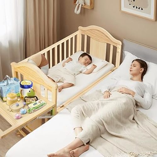 Baby Bassinets Bedside Sleeper - 6 in 1 Pine Wood Baby Bassinet,2-Layer Bedside Bassinet with Floating Shelf,Bassinet Bedside Sleeper Mini Crib with Mattress for Newborn,Unpainted