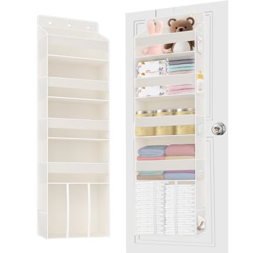 TAHAVICE 1 PC Over the Door Diaper Organizer with 1 Large Capacity Caddy, 4 Shelf & 10 Mesh Side Pockets, Baby Stuff Hanging Caddy Storage and Newborn Essentials Closet Organizer for Nursery, Bedroom