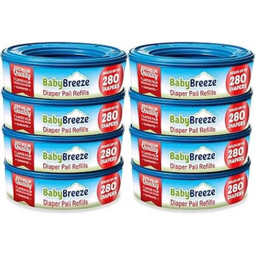BabyBreeze Diaper Pail Refill Bags Compatible with Playtex Diaper Genie Pails Odor Absorbing Diaper Disposal Trash Bags - 2240 Count (8-Pack)