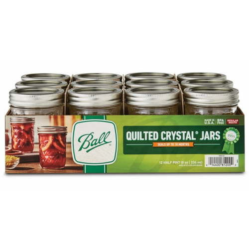 Ball Half-Size Quilted Crystal Mason Jar w/ Lid & Band, Regular Mouth, 8 Ounces, 12 Count