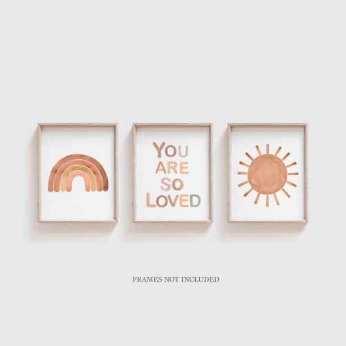 Nursery Art Prints, You Are So Loved, Neutral Nursery Art, Nursery Quote, Baby Girl Boy Room Decor, Rainbow Sun Boho Wall Decor, Set of 3