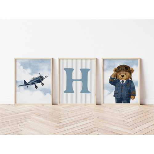 Personalised Vintage Aviation Set of 3 Prints: Blue Teddy Bear Nursery Wall Art (Digital or Unframed Option Available)