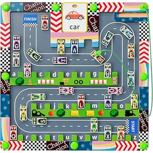 Magnetic Alphabet Maze, Montessori Toys，Magnetic Car Puzzle Toys, Magnetic Letter Maze Puzzles,Wooden Toddler Toys for Ages 3-5,Toddler Fine Motor Skills Toys for Boys Girls,Toddlers Kids Ideal Gift