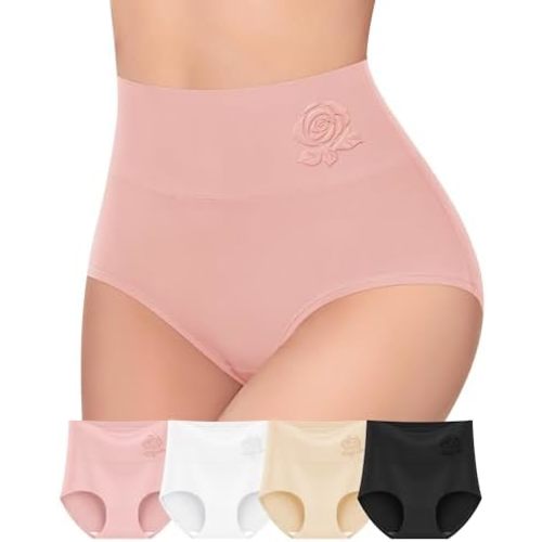 MEIYATING Women's Cotton Underwear High Waisted Tummy Control Panties Postpartum Stretch Full Coverage Ladies 4 Packs