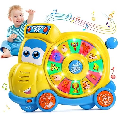 English Spanish Bilingual Learning Baby Toys 6 12 18 Months, Musical Educational Toys for Toddler 1-3, Spin Interactive School Bus Toys 1+ Year Old Boys Girls Kids Birthday