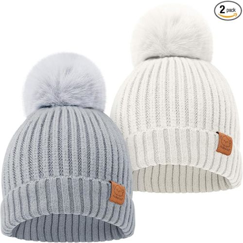 KeaBabies 2-Pack Baby Hats for Girls, Boys - Stretchy Baby Beanies, Cute Newborn & Toddler Winter Hat, Soft & Warm Pom Pom Beanie for Infant, Toddler, Boys, Girls 6-36 Months (Cloud, M)