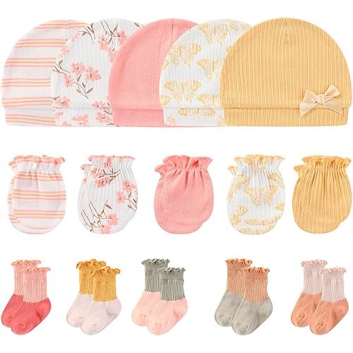 Newborn Baby Boy Girl Caps Mittens Socks Set Cotton Baby Essentials Accessories (Hats+Gloves+Socks)