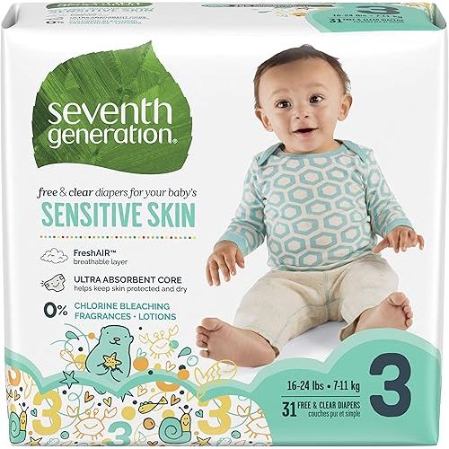 Seventh Generation Baby Diapers for Sensitive Skin, Animal Prints, Size 3, 31 Count