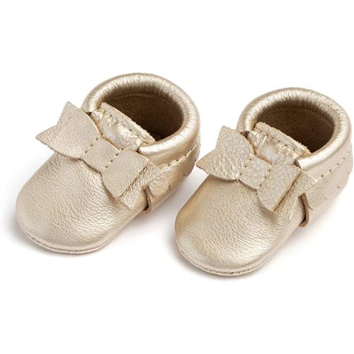 Freshly Picked - First Pair Soft Sole Newborn Blush Bow Moccasins - Newborn Baby Girl Shoes - Size 0 in Multiple Colors - Platinum