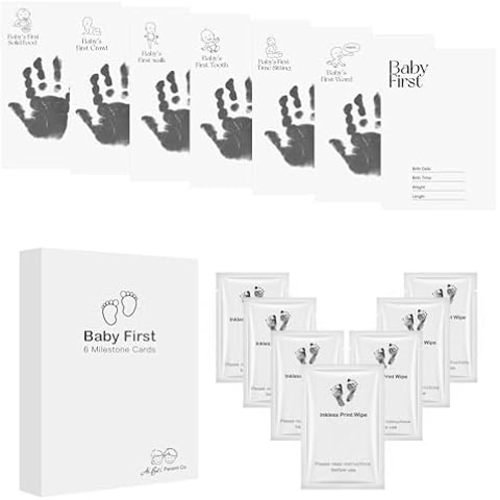 14 Pieces Baby Inkless Milestone Cards,1 Month to 12 Month Hand and Footprint Kit,Dog or Cat Pet Paw Print Kit,Newborn Safe Inkless Pad,Hello World Newborn Sign Memory Kit(14 Ink Pad+14 Papers)
