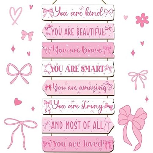 Qunclay Inspirational Girl Room Decor Aesthetic Art Wall Hanging Sign Inspiring Colorful Rainbow Wooden Decoration for Kids Toddler Boy Baby Bedroom Nursery Dorm Decor, 6-12 Years (Pink Bow)