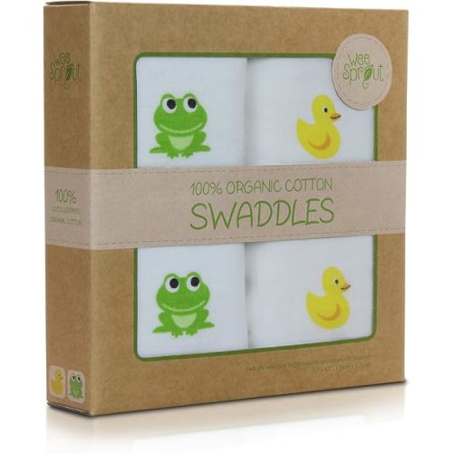 WeeSprout Organic Swaddle Blankets, Set of 2 muslin swaddle blankets, GOTs Certified Organic Cotton, Extra Large 47” x 47” for Easy Swaddling, Breathable Muslin Weave Organic Baby Blanket, Natural Dye