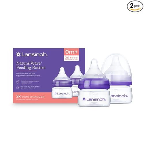 Lansinoh Anti-Colic Baby Bottles for Breastfeeding Babies, 2 Ounces, 2 Count, with 2 Extra Slow Newborn Flow Nipples, Size XS