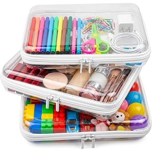 HOUYEE 3 Pack Clear Hard Shell Zipper Case (Large), Hard Plastic Organizer Pouches for Toys Storage,Travel,Small Items,Makeup,Transparent & Waterproof Storage