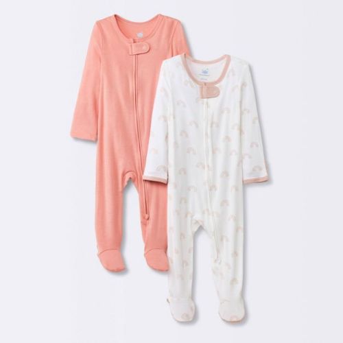 Baby Girls' 2pk Rainbow So Very Soft Modal Blend Sleep N' Play - Cloud Island™ Pink 0-3m: Footed Pajamas, Long Sleeve