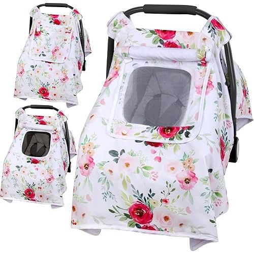 Baby Car Seat Cover, Infant Carseat Canopy with 3 Layers Windows, Breathable Mesh Peep Window, Kick-Proof Carrier Cover for Boys Girls, Windproof Stroller Cover Shower Gift for Newborn (Flower)