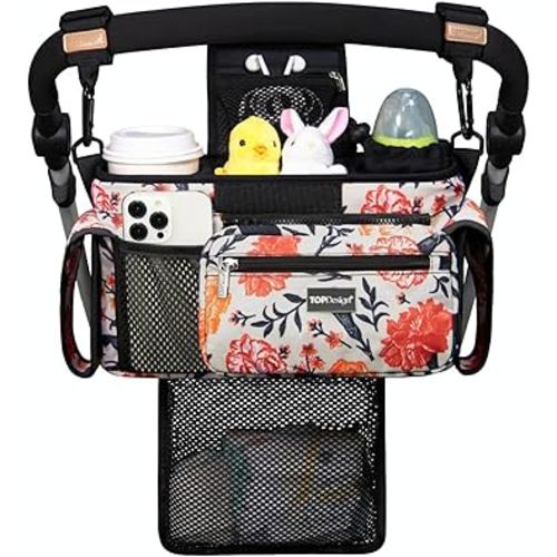 TOPDesign Universal Baby Stroller Organizer, Stroller Caddy with Detachable Mesh Bag & Heightened Insulated Cup Holders & Non-Slip Secure Hooks Accessories, Fits Most Strollers (Trumpet Vine)