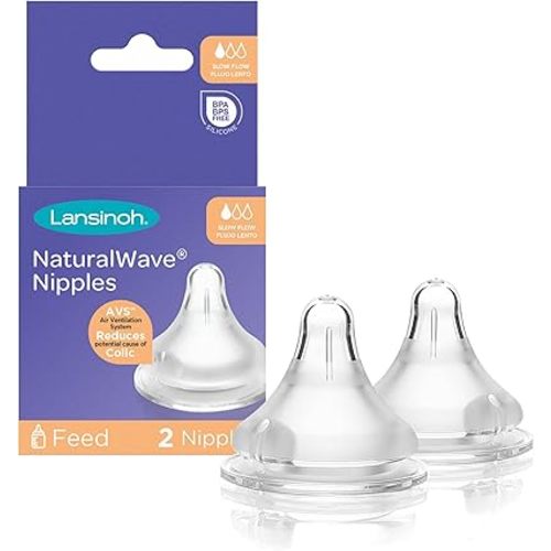 Lansinoh NaturalWave Baby Bottle Nipples, Slow Flow, Size S, Anti-Colic, 2 Count