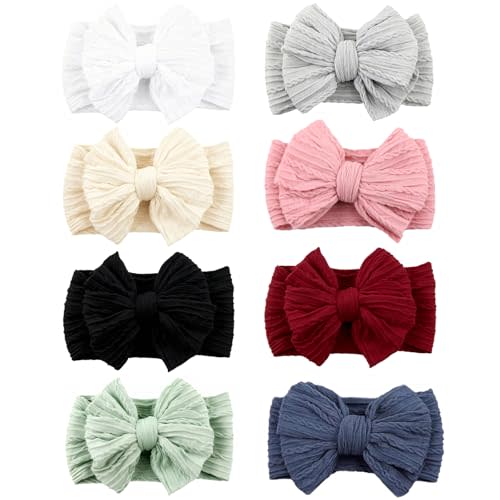 chiduerm 8 Pcs Baby Bows Headbands Soft Nylon Hairbands Super Elastic Headband Hair Accessories For Baby Girls Infant Toddler Essentials (8 Color-Warm, Mid)