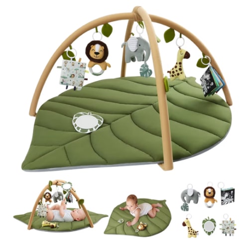 Blissful Diary Baby Play Gym & Activity Mat, Oversize Leaf Shaped Baby Play Mat w 6 Detachable Toys, Tummy Time Mat Promote Motor Skills & Sensory Development Mat, Newborn Infant Baby Essentials Gift