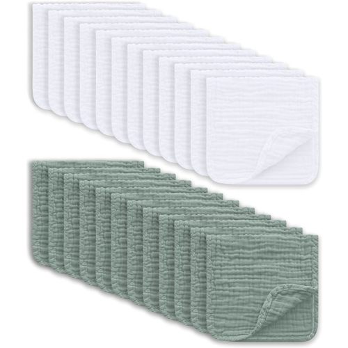 Muslin Burp Cloths Large 100% Cotton Hand Washcloths for Boys & Girls, Baby Essentials Extra Absorbent and Soft Burping Rags for Newborn Registry (White & Green, 24-Pack, 20" X10") - White and Green - 10x20 Inch (Pack of 24)