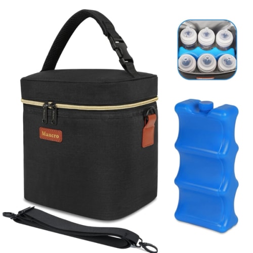 Mancro Breastmilk Cooler Bag with Ice Pack, Fits 6 Baby Bottles Up to 9 Ounce Insulated Bottle Bag, Breast Milk on The go Strap, for Nursing Mom Daycare, Black