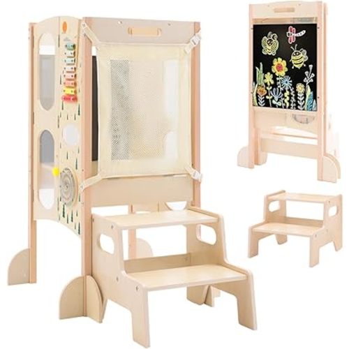 Toddler Kitchen Step Stool, Foldable Toddler Tower with 2 Step Stool, Wooden Standing Tower with Activity Games, Chalk-Whiteboard & Safety Net for 1-4 Year Kids Kitchen Counter Learning