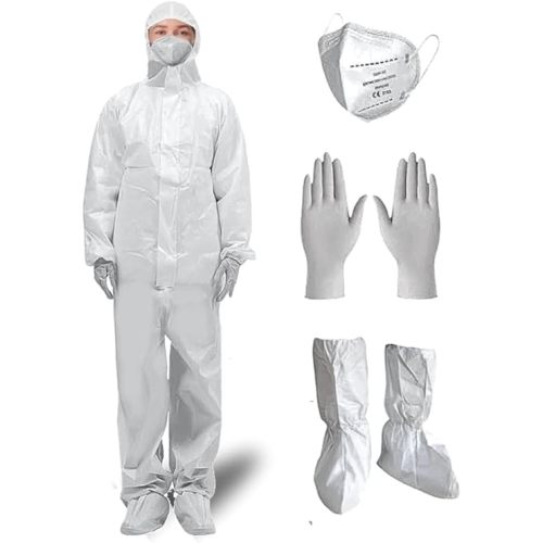 Hazmat Suits, Shoe Covers, Face Mask and A Pair of Nitrile Gloves all Included – 5 sizes Level III, Type A Coveralls