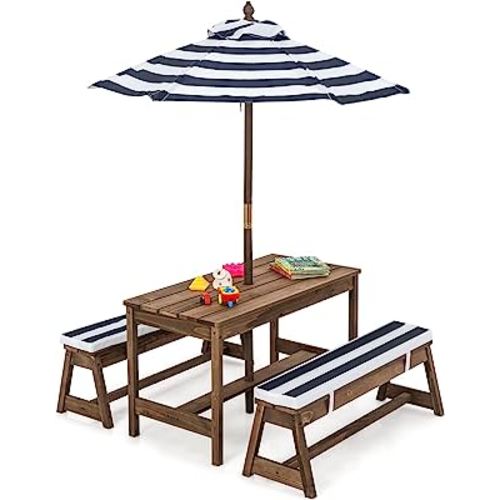 HONEY JOY Kids Picnic Table, Outdoor Wooden Table & Bench Set w/Removable Cushions and Umbrella, Stripe Fabric, Children Backyard Furniture for Patio Garden, Gift for Toddler Boys Girls Age 3+(Blue)