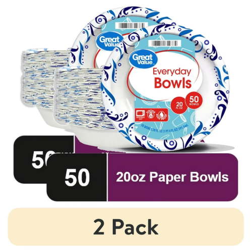 (2 pack) Great Value Everyday Disposable Paper Bowls, 20 oz, 50 Count