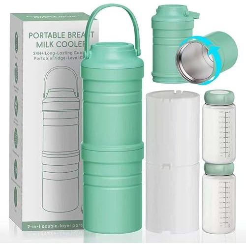 Portable Breast Milk Cooler Bottle, 2-in-1 Detachable Travel Breastmilk Chiller, 2 Copper-Plated Liner Breastmilk Storage for 36H, 360° Total Cooling Milk Chiller Bottle with 2 Bottles-22oz