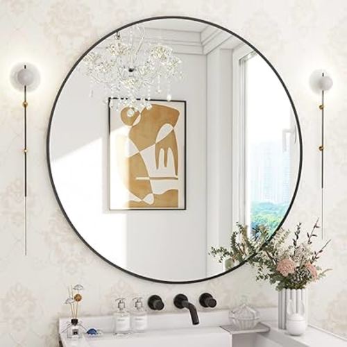 BEAUTYPEAK 30 Inch Round Mirror, Black Metal Frame Circle Mirror, Wall Mirror for Entryway, Bathroom, Vanity, Living Room, Black Circle Mirror