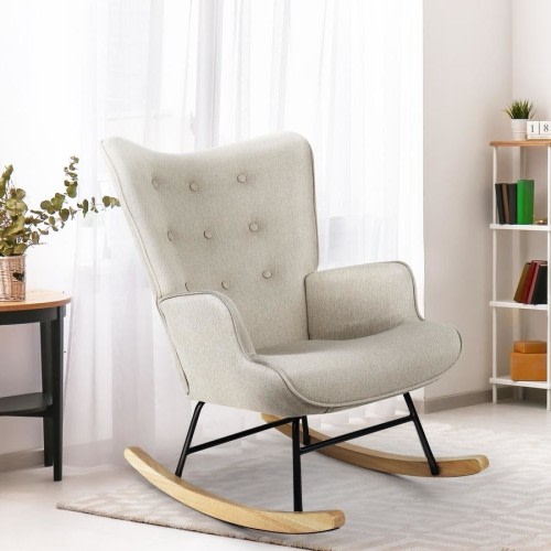 Oikiture Rocking Chair Nursing Armchair Linen Accent Chairs Upholstered Beige