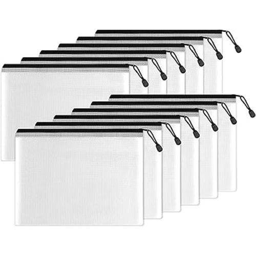 SUNEE Plastic Mesh Zipper Pouch 7x11 in (Black, 12 Packs), Small Water-Resistant Zip Bag for School Office Supplies, Pencil Organizing Storage