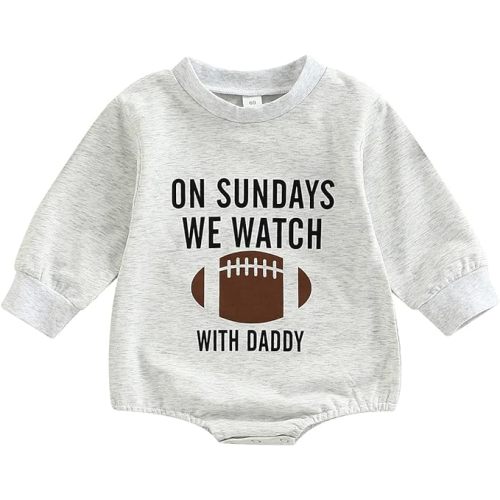 BULINGNA Baby Boy Girl Football Season Romper Sweatshirt Long Sleeve Letters Print One Piece Bodysuit Fall Winter Outfit - Light Gray - 0-3 Months
