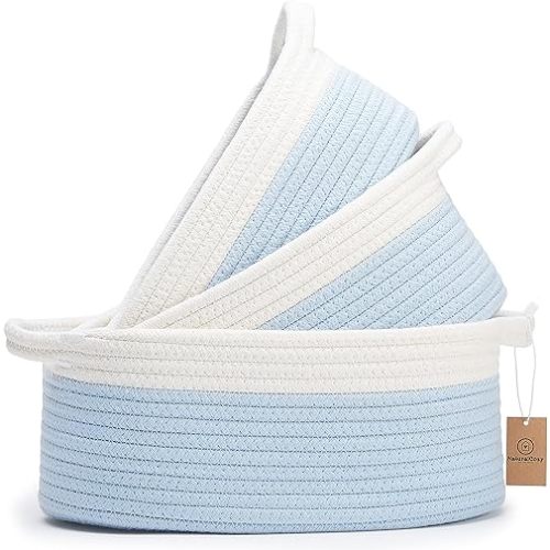 NaturalCozy 3-Piece Oval Storage Basket Set– Soft Natural Rope Woven Baskets for Storage Shelf, Toy, Nursery, Gift, Baby Shower, Pets Cat Dog Bins | Small Basket for Organizing (Off White & Blue)