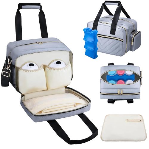 Breastmilk Cooler Bag Fits 6 Baby Bottles up to 9 Ounce with Ice Pack, Wearable Breast Pump Bag Plus , Insulated Bottle Travel Bag Compatible with Momcozy/Elvie/Willow, with Shoulder Strap Grey